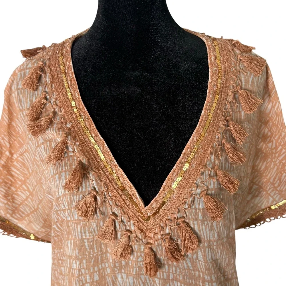 J. Crew Fringe Beaded V Neck Tunic Top Sea Grass Sequin Size 8 Resort Beach BOHO